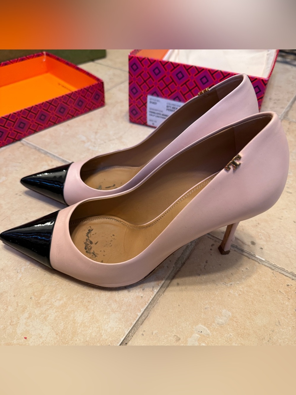 TORY BURCH Women’s Penelope 85mm Cap-Toe Pumps Sea Shell Pink Black Size 9